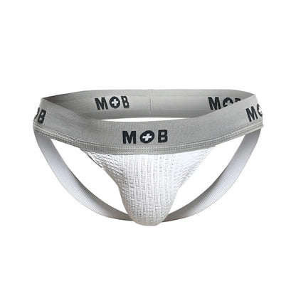 Malebasics mbl107 mob classic fetish jockstrap in white with textured gray and white front panel and 3 inch waistband