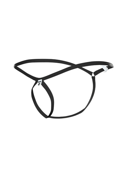 Black minimalist male basics mbl24 teardrop thong with adjustable straps showing the back side