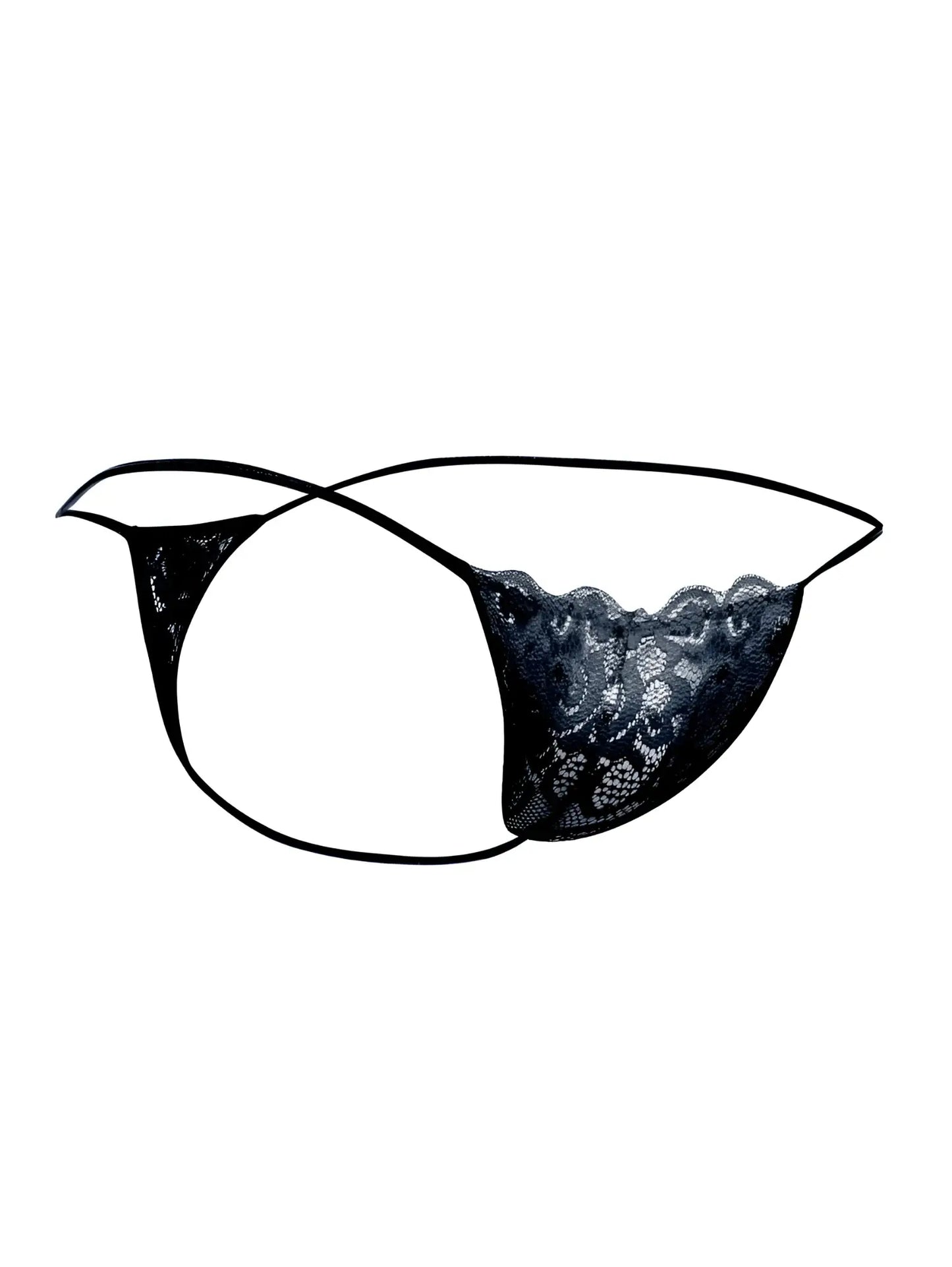 Malebasics mbl27 black lace thong with delicate floral patterns and thin adjustable elastic straps front view