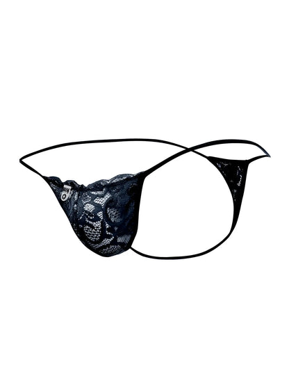 Malebasics mbl27 black lace thong featuring delicate floral patterns and thin elastic straps for men