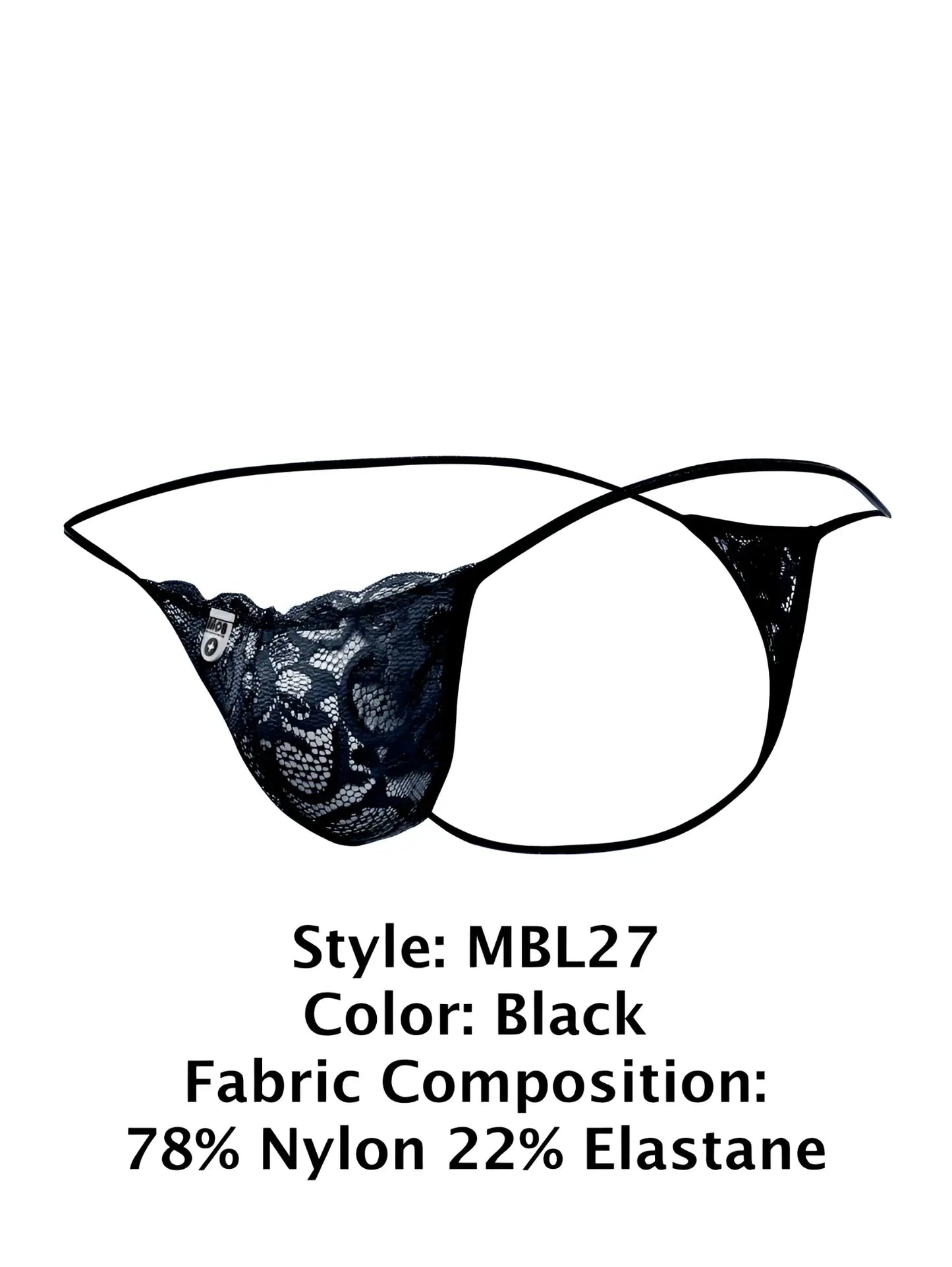 MaleBasics MBL27 black lace thong with thin elastic straps and delicate floral pattern for men
