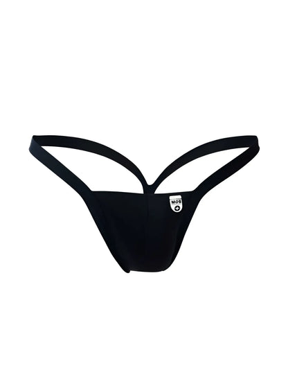 Malebasics mbl52 y buns thongs black sleek minimalist design with thin straps shown from the back side