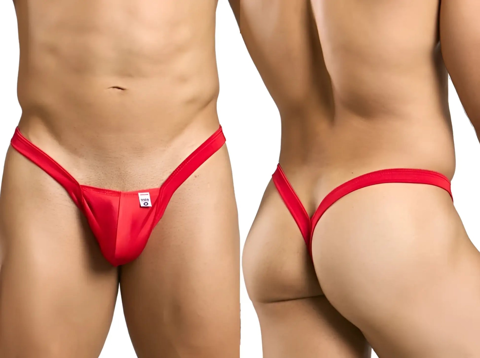 Red male basics mbl52 y buns thong with smooth satin fabric and small white tag at front