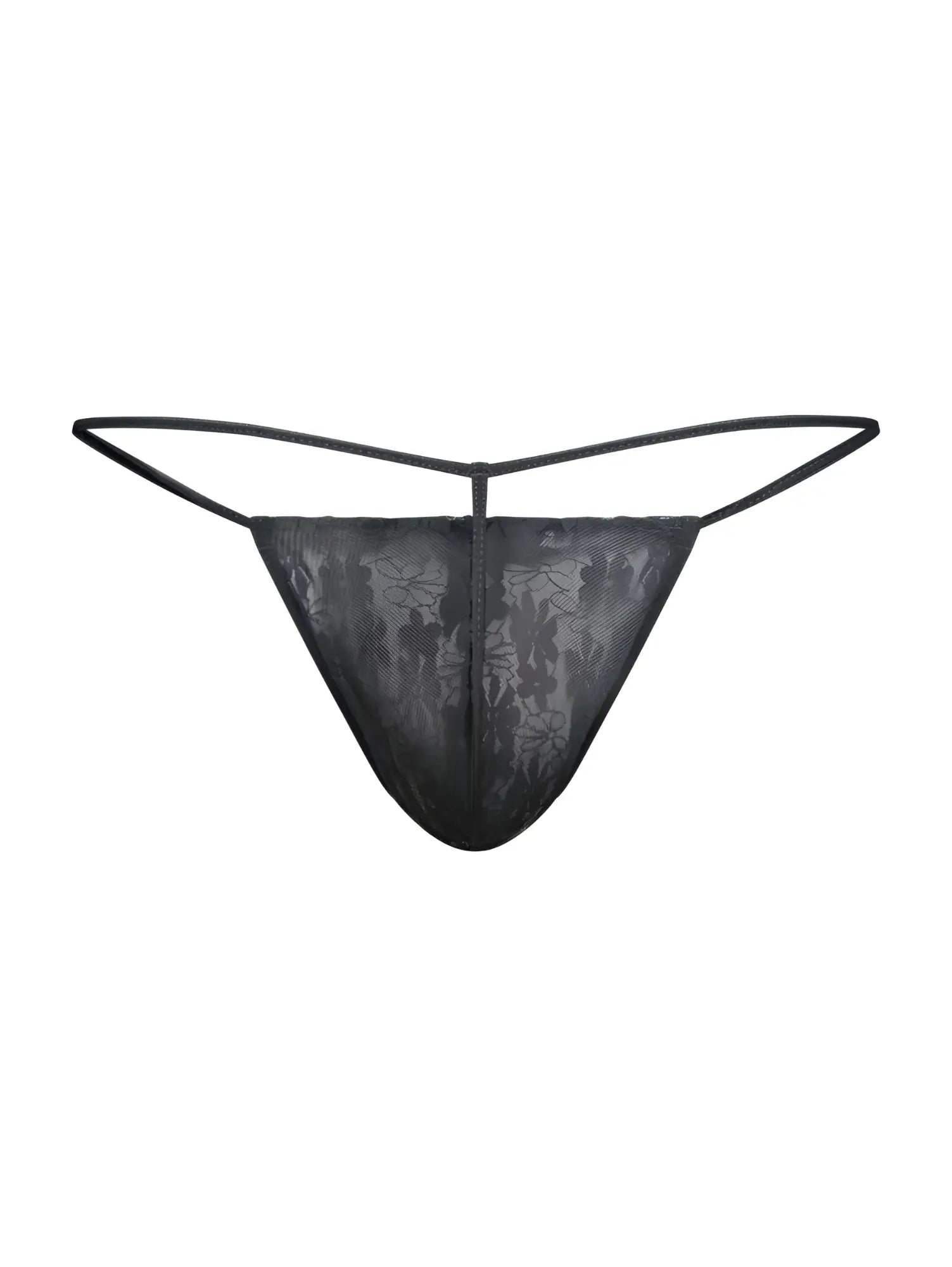 Malebasics mbl59 black lace g-string thong with delicate floral pattern and thin adjustable straps shown from back side