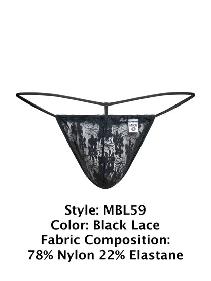 Black lace malebasics mbl59 lace g-string thong with delicate floral patterns and thin elastic straps