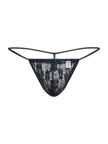 Malebasics mbl59 black lace g-string with floral pattern and thin elastic straps for men