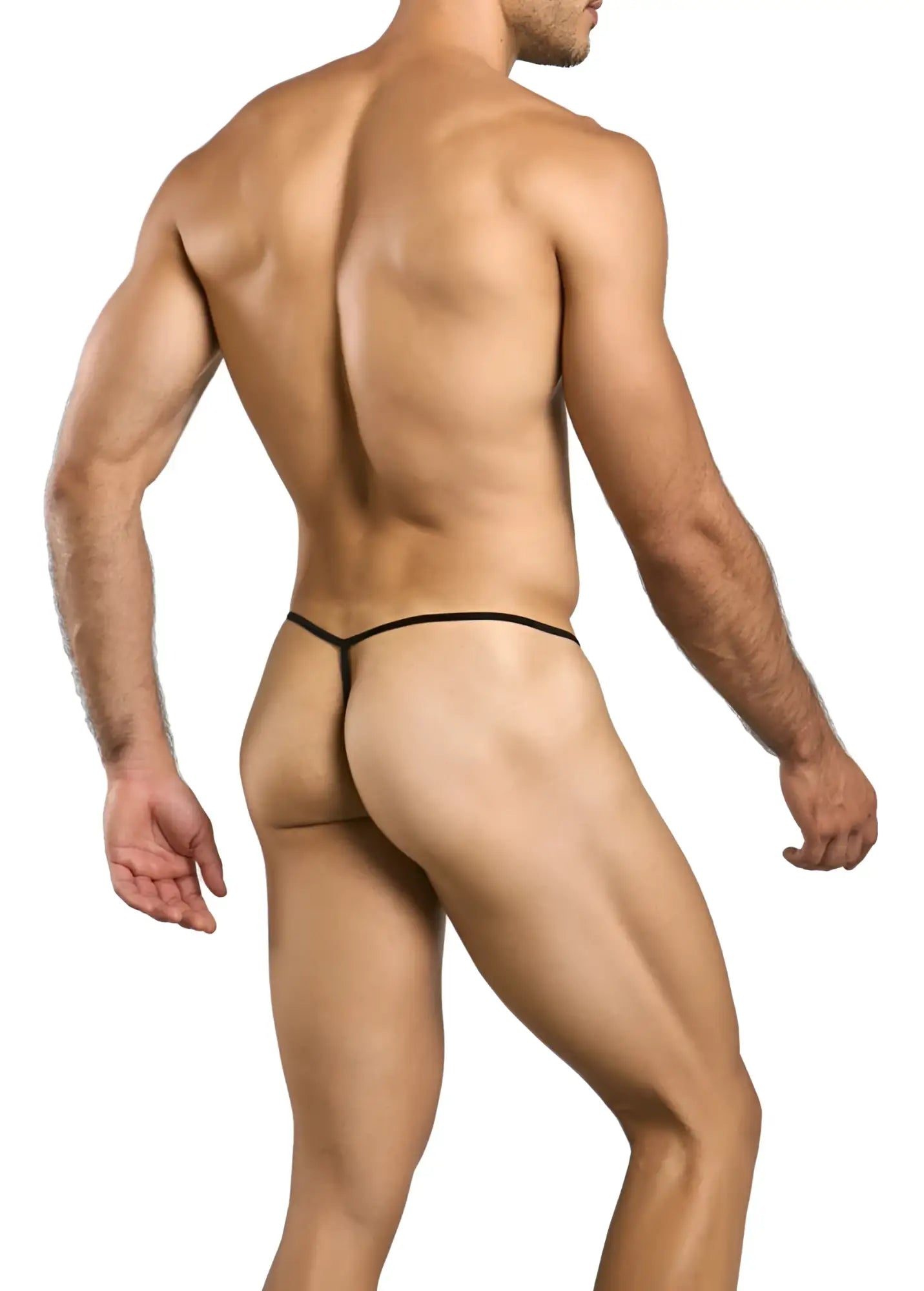 Black lace male thong with thin sleek design from malebasics mbl59 lace g-string collection showing front view