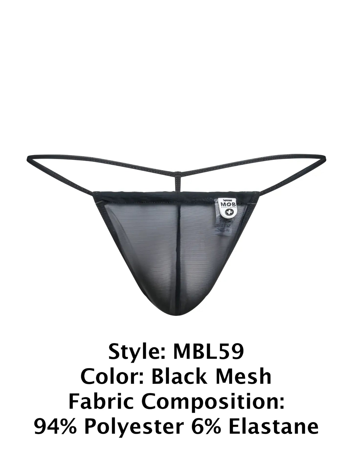 Malebasics mbl59 black mesh g-string thong with thin elastic straps and a small white brand tag