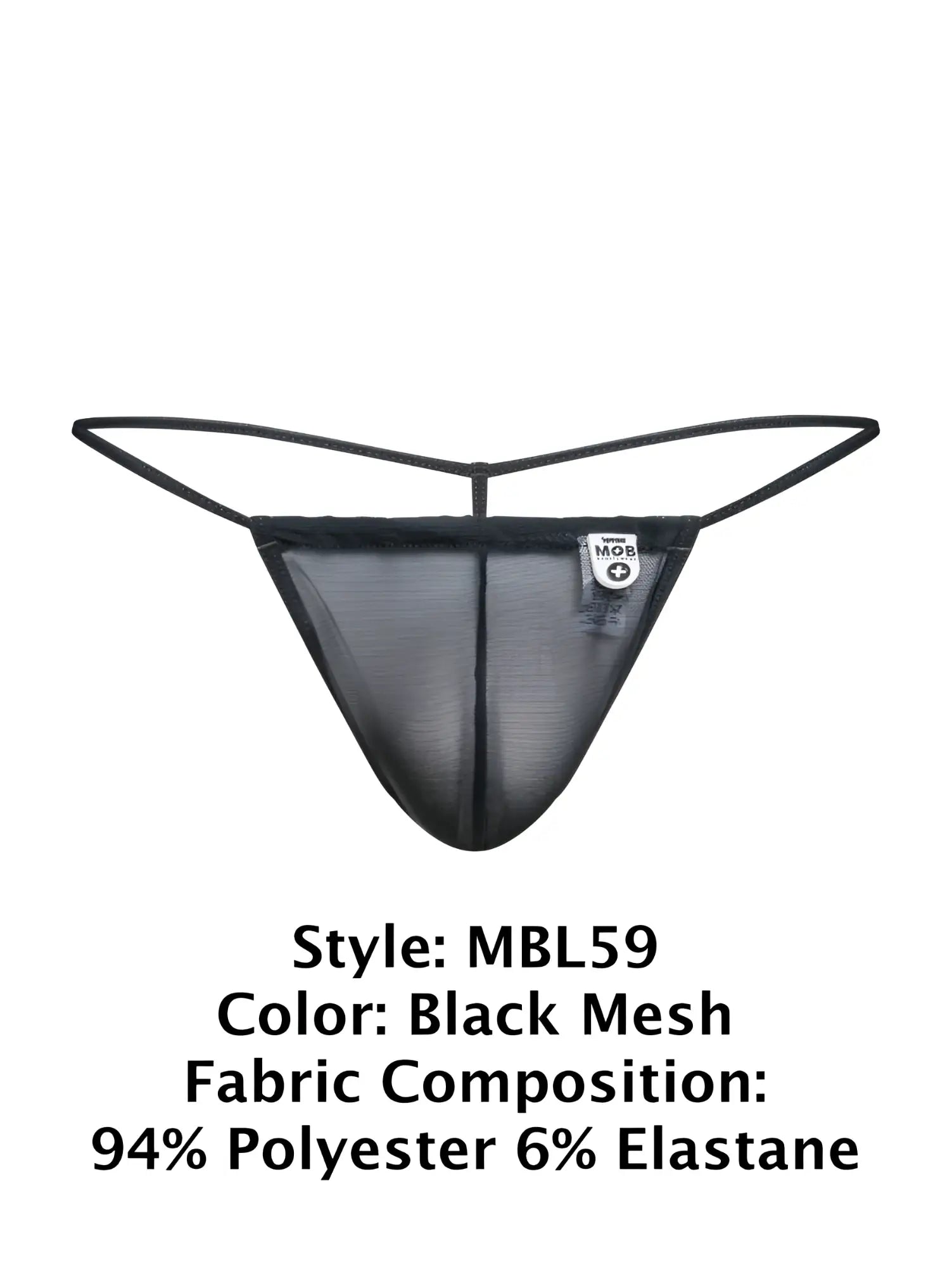 Malebasics mbl59 black mesh g-string thong with thin elastic straps and a small white brand tag