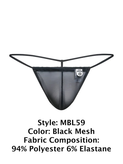 Malebasics mbl59 black mesh g-string thong with thin elastic straps and a small white brand tag