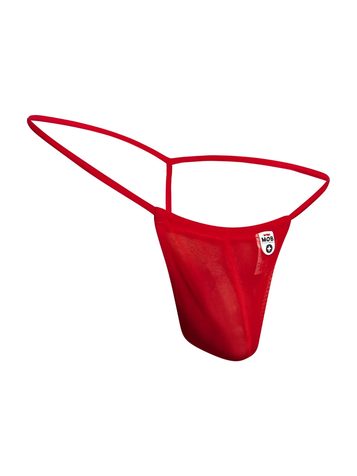 Malebasics mbl59 red mesh g-string thong with thin waistband and leg straps showing front view
