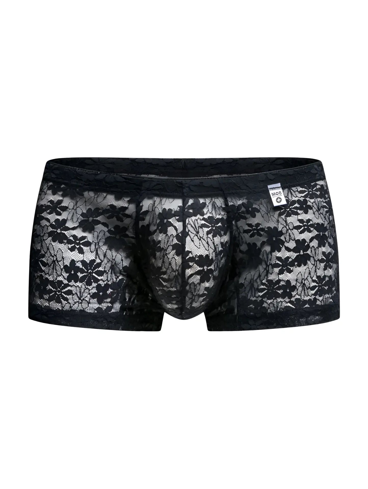MaleBasics MBL78 lace trunks in black floral lace with sheer intricate pattern and solid waistband for men