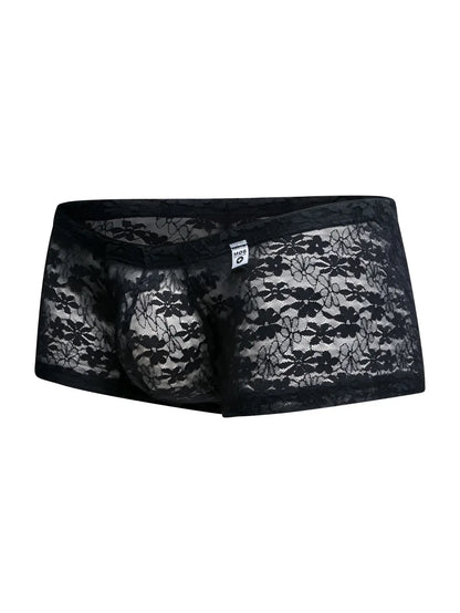 Malebasics mbl78 black lace trunks men’s underwear featuring sheer floral patterned lace design