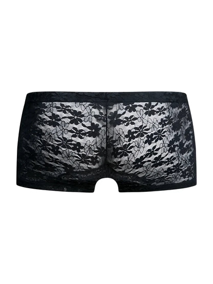MaleBasics MBL78 black lace trunks featuring sheer floral lace with a delicate design for men