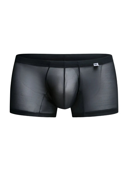 Malebasics mbl78 lace trunks black mesh sheer briefs with solid waistband and reinforced seams side view