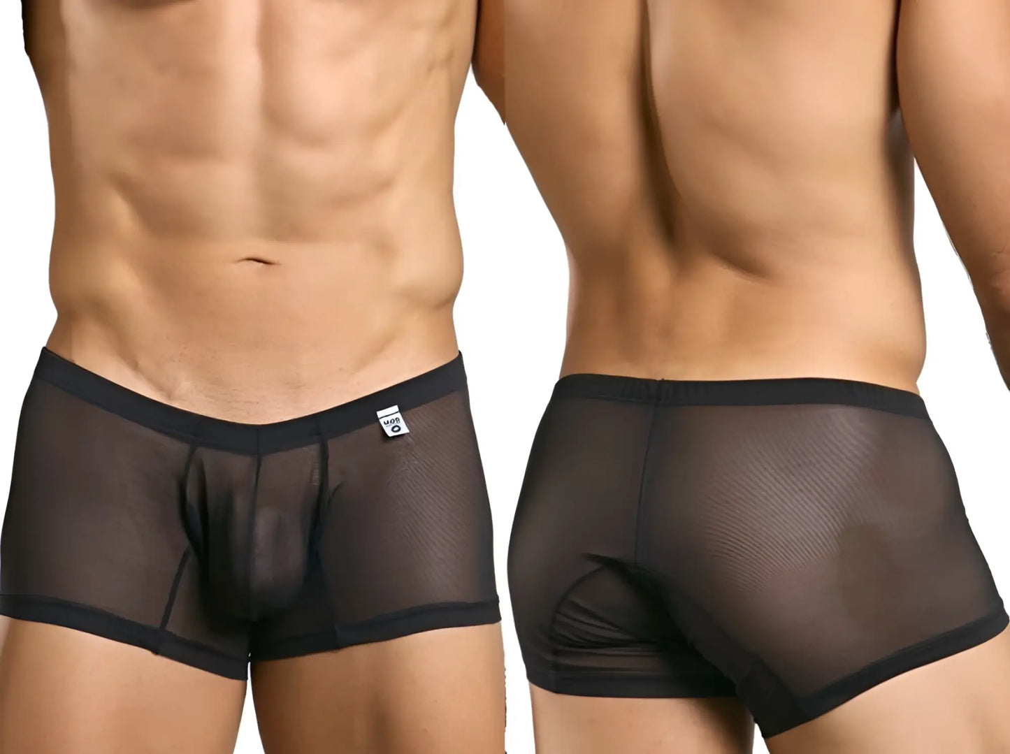 Malebasics mbl78 lace trunks black mesh sheer briefs with solid waistband and trim showing front side