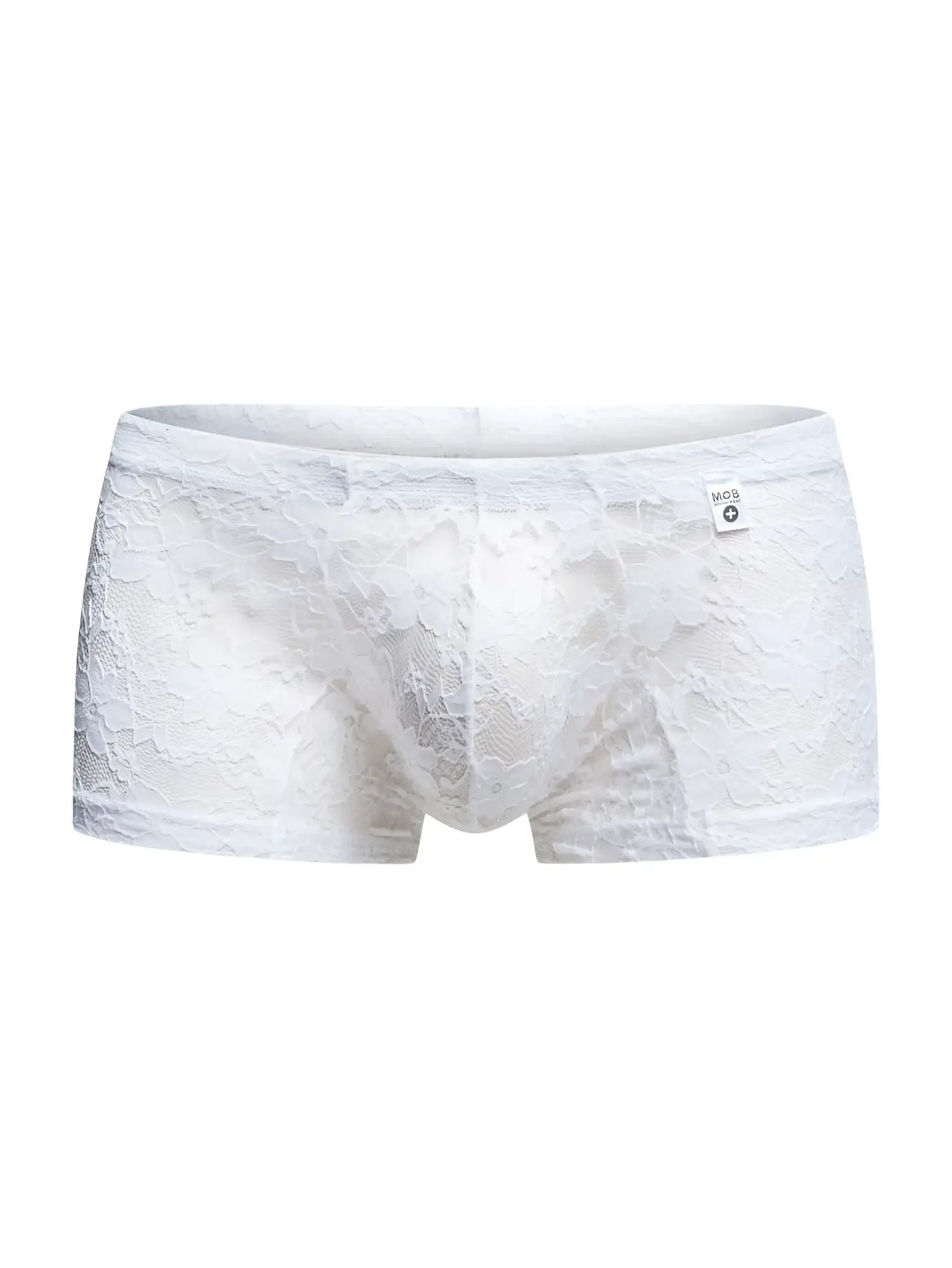 Malebasics mbl78 white lace trunks men’s briefs with delicate floral pattern and small brand tag on waistband