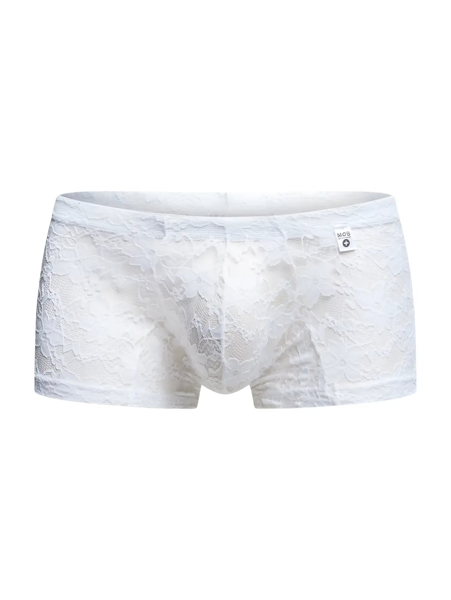 Malebasics mbl78 white lace trunks men’s briefs with delicate floral pattern and small brand tag on waistband