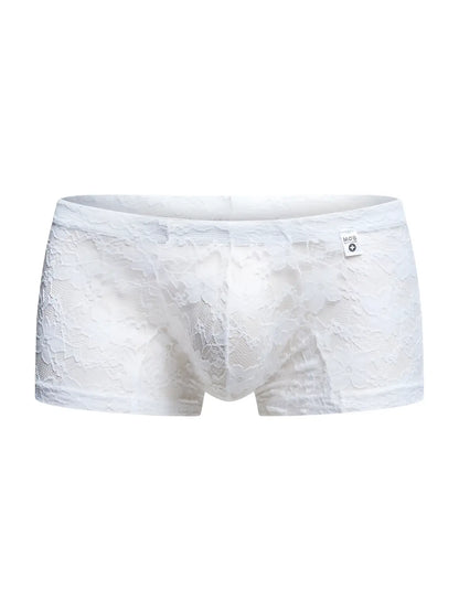 Malebasics mbl78 white lace trunks men’s briefs with delicate floral pattern and small brand tag on waistband
