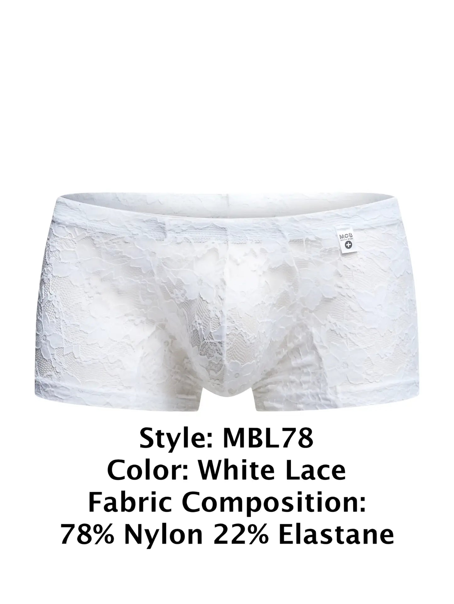 Malebasics mbl78 lace trunks in white lace feature delicate floral pattern made from 78 nylon and 22 elastane