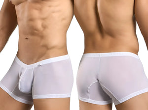 Malebasics mbl78 lace trunks white mesh men’s briefs with sheer fabric and solid white waistband and trim