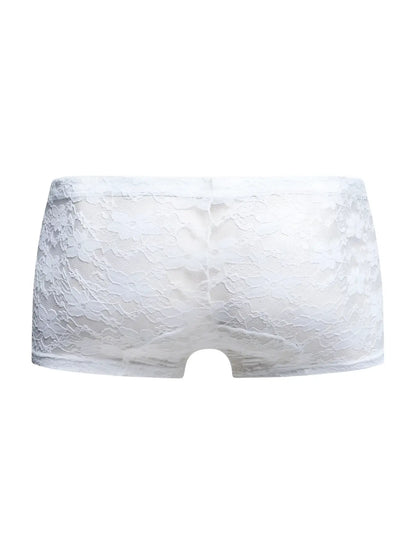MaleBasics MBL78 lace trunks in white lace feature a delicate floral pattern and smooth seamless design