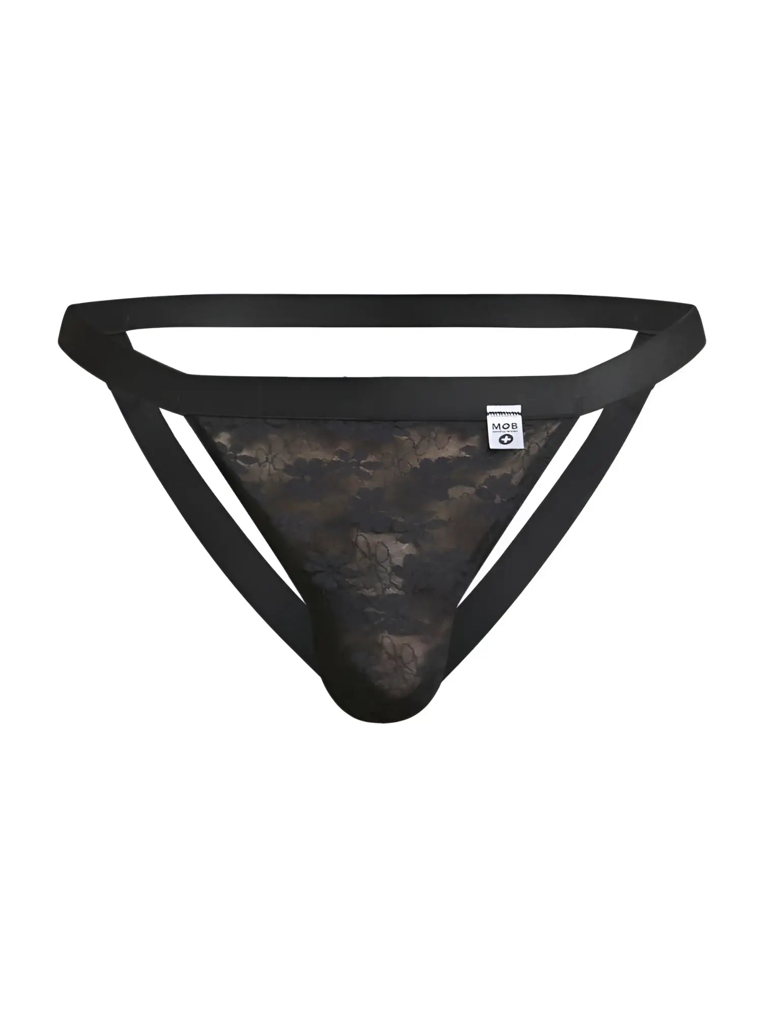 Malebasics mbl82 sexy jockstrap black lace thong with solid black elastic waistband and side straps front view