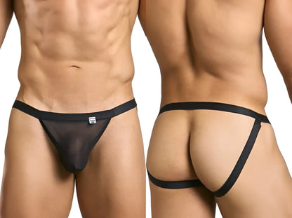 Black sheer mesh thong jockstrap with black elastic waistband and side straps by malebasics mbl82