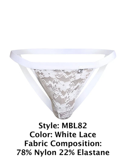 Malebasics mbl82 sexy jockstrap in white lace with delicate floral pattern and supportive white elastic straps front view