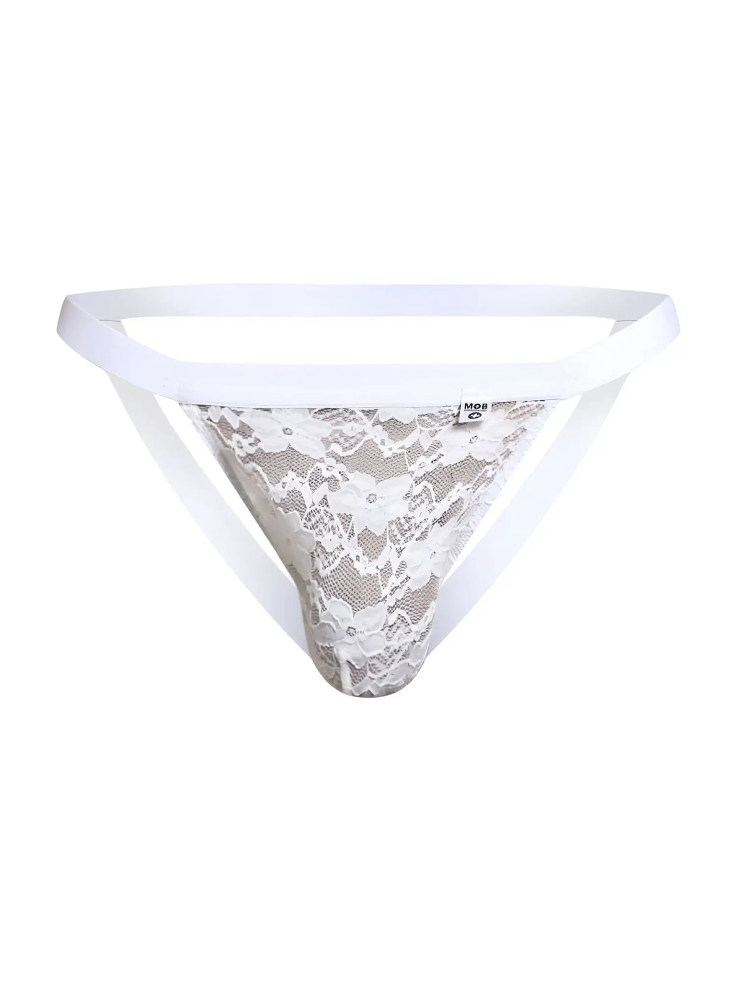 Male basics mbl82 sexy jockstrap in white lace thong with delicate floral patterns and solid white waistband
