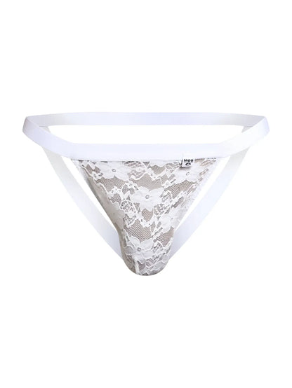 Male basics mbl82 sexy jockstrap in white lace thong with delicate floral patterns and solid white waistband