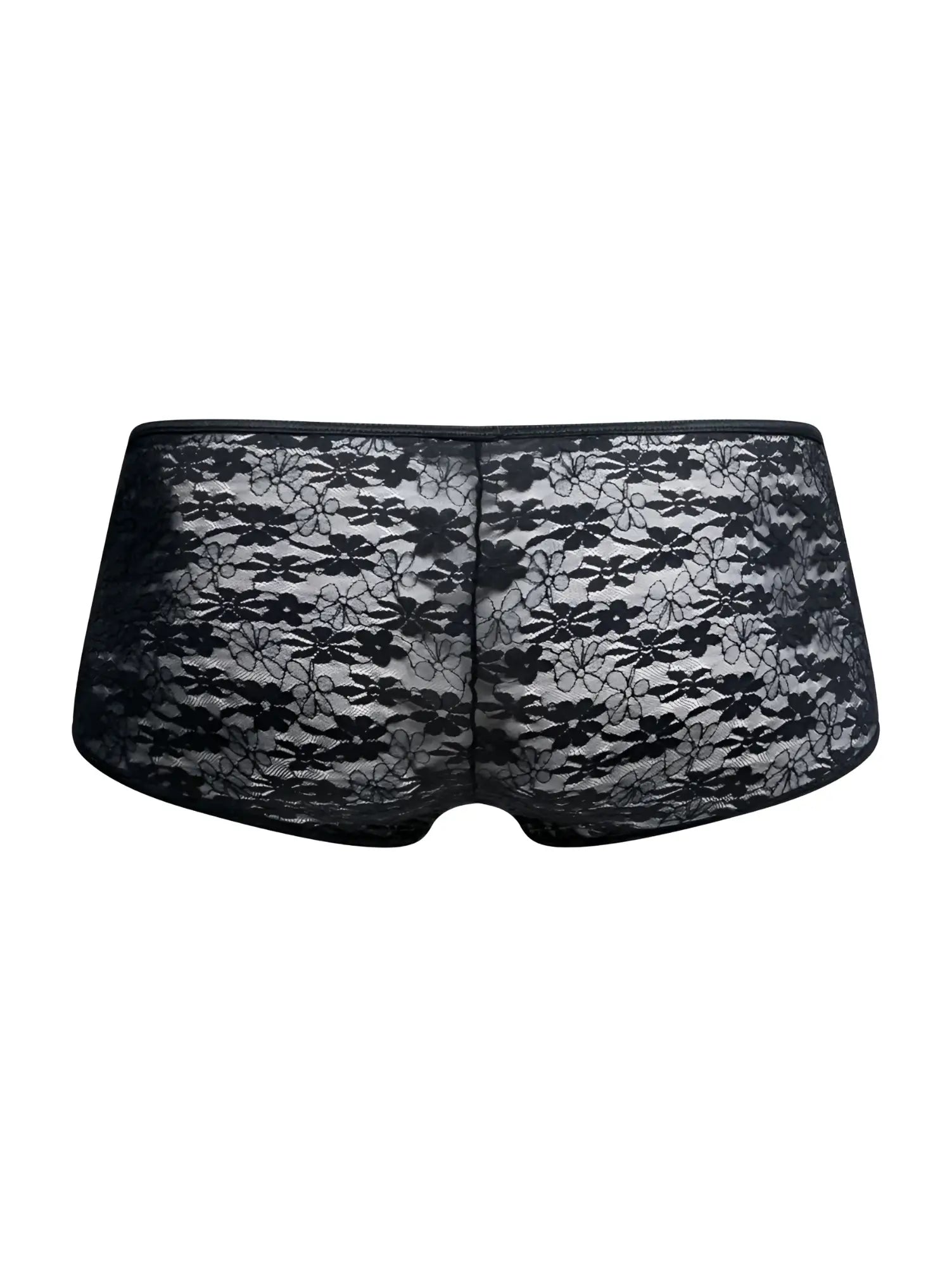 Malebasics mbl83 loop cheeky trunks black lace floral underwear with a sheer elegant design shown from the back side