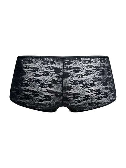 Malebasics mbl83 loop cheeky trunks black lace floral underwear with a sheer elegant design shown from the back side