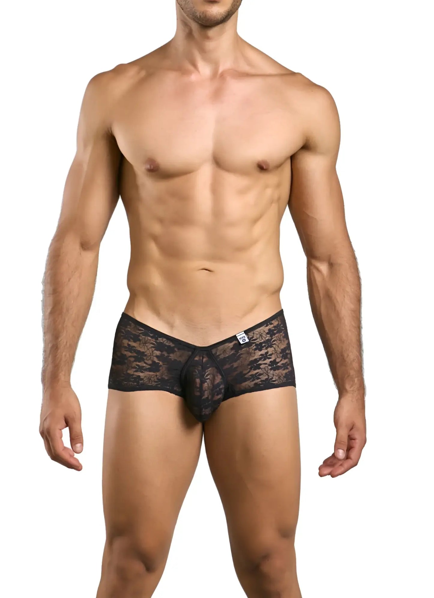 Black lace malebasics mbl83 loop cheeky trunks with intricate floral pattern showcasing the back side design