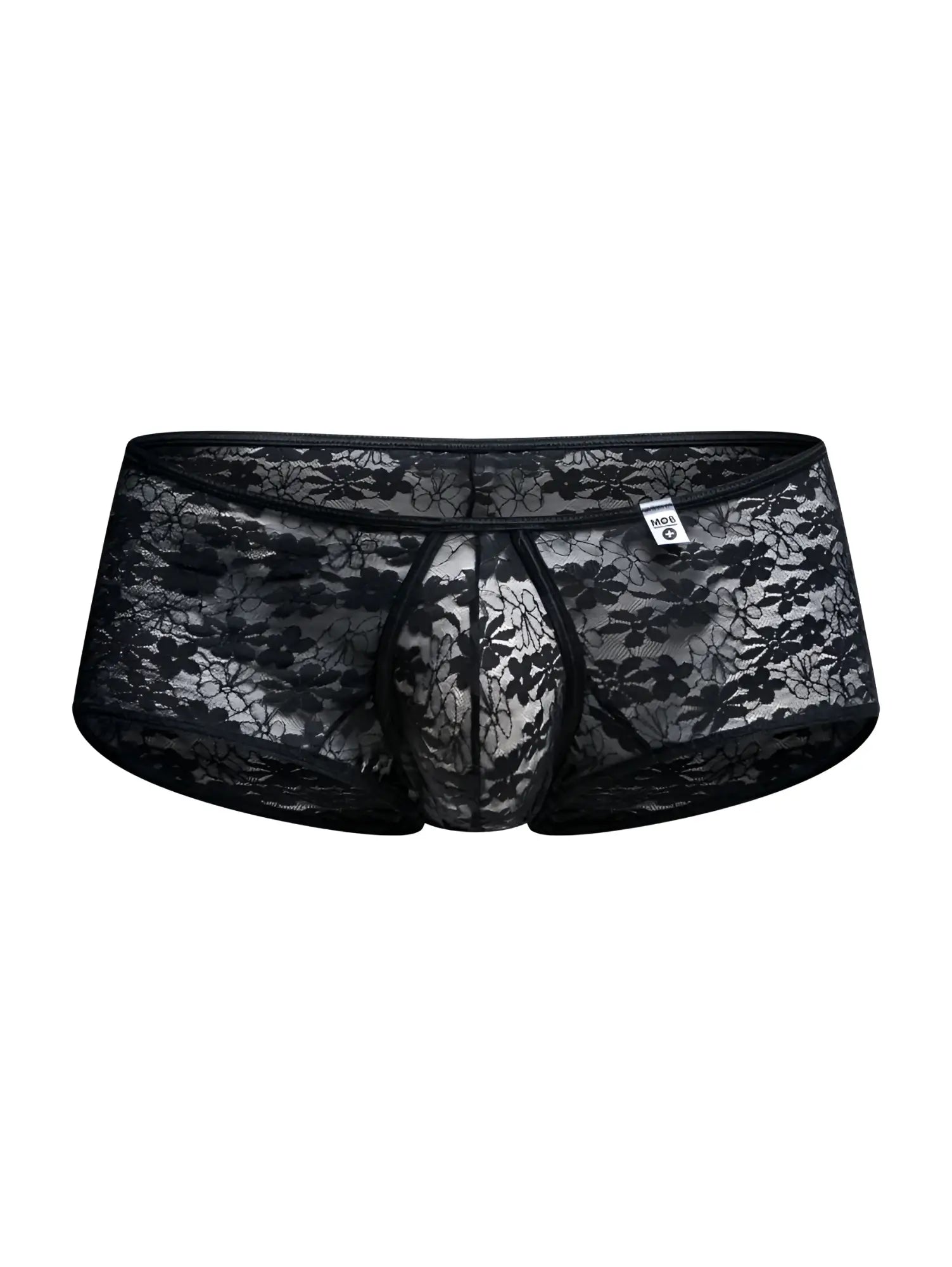 Malebasics mbl83 loop cheeky trunks black lace men’s underwear with floral pattern and elastic waistband front view