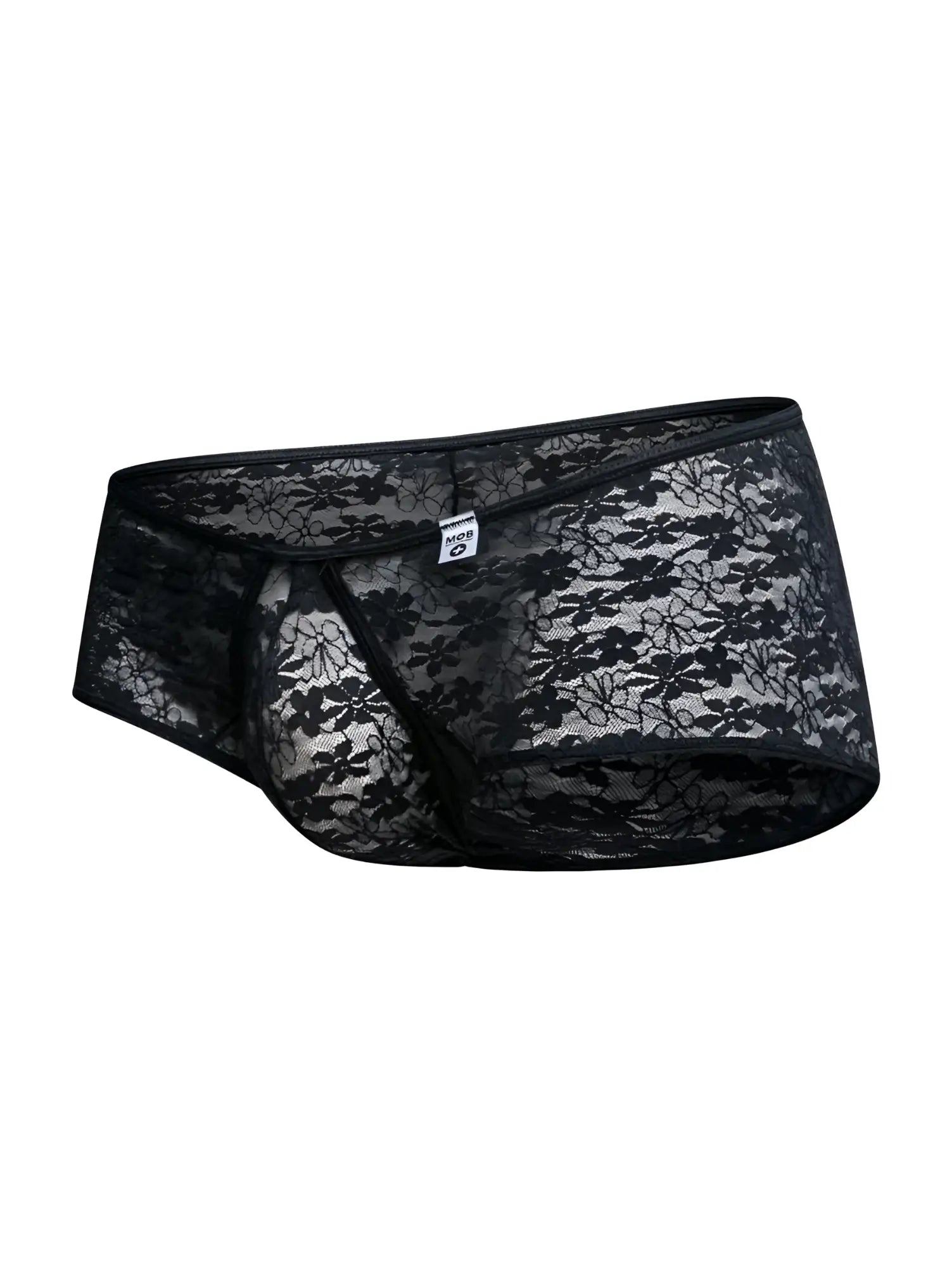 Malebasics mbl83 loop cheeky trunks black lace men’s underwear with floral pattern and elastic waistband front view
