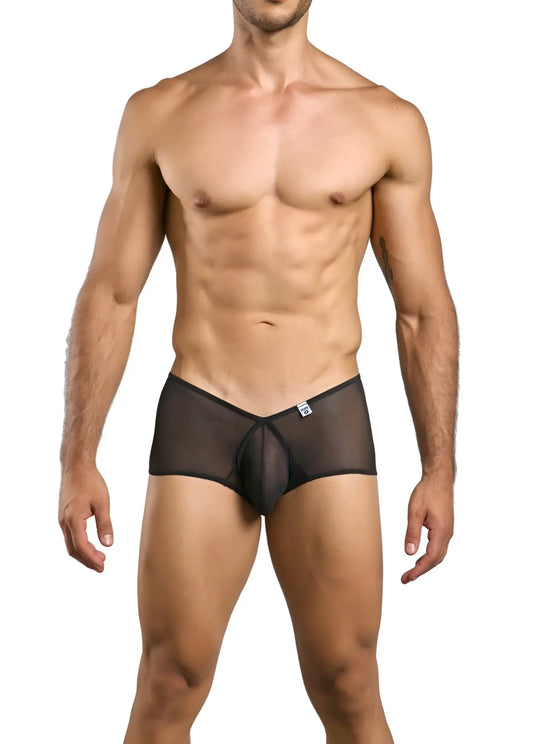 Malebasics mbl83 loop cheeky trunks black sheer mesh briefs with central front panel and white logo on waistband