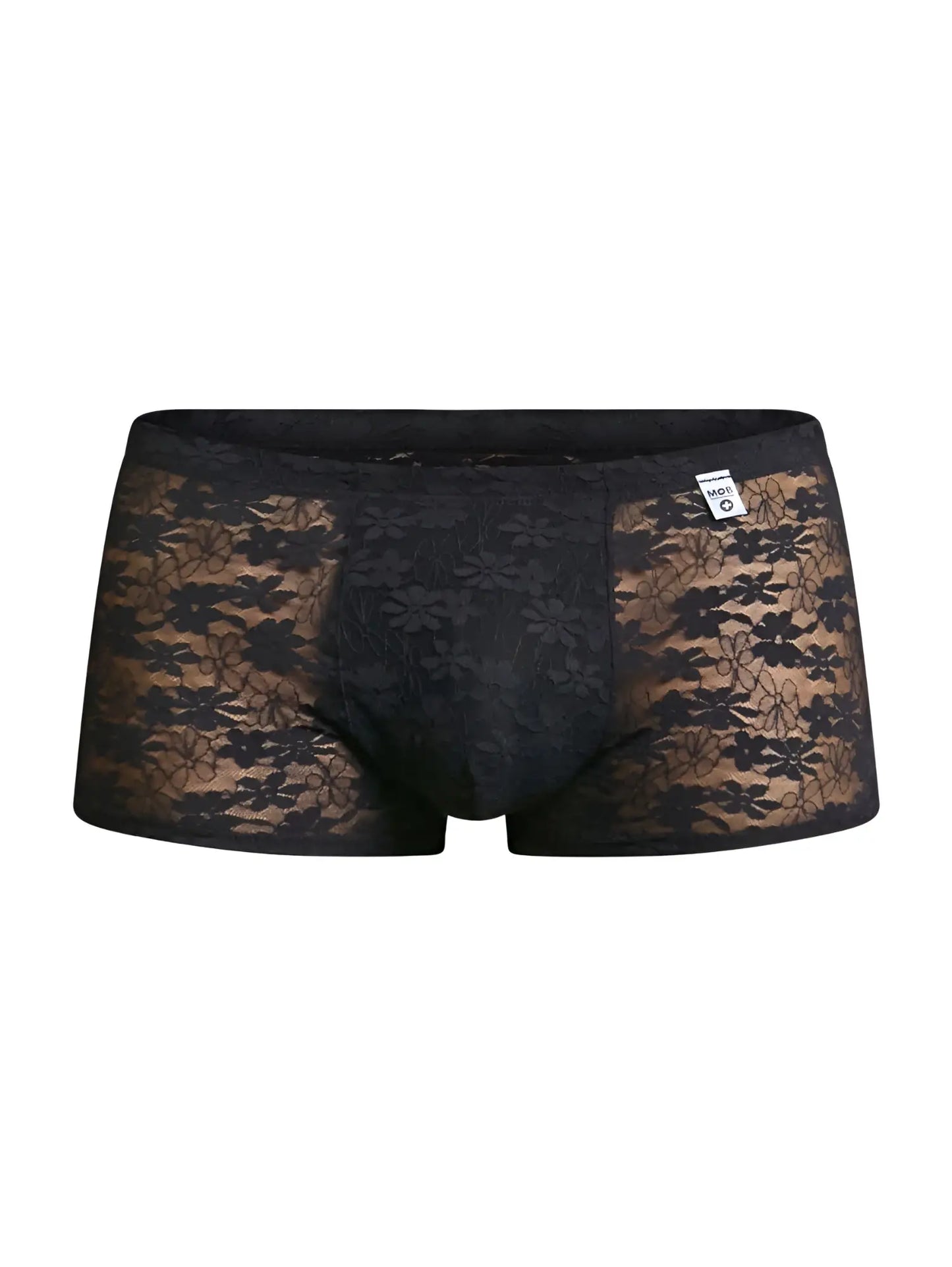 MaleBasics MBL84 classic pouch trunks in black lace boxer briefs with floral pattern and branded waistband tag