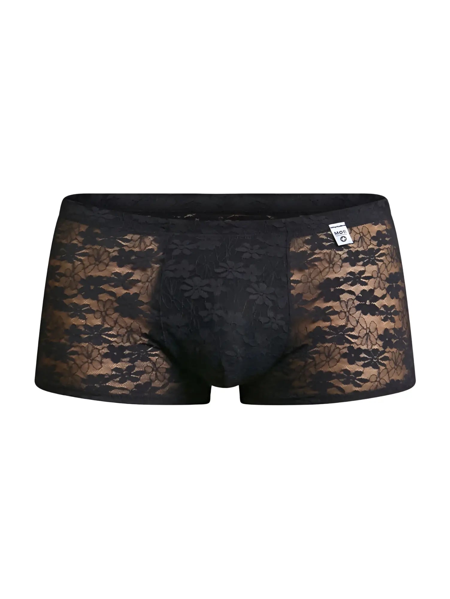 MaleBasics MBL84 classic pouch trunks in black lace boxer briefs with floral pattern and branded waistband tag