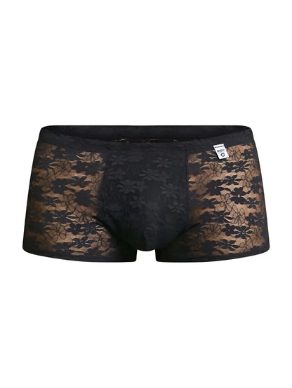 MaleBasics MBL84 classic pouch trunks in black lace boxer briefs with floral pattern and branded waistband tag