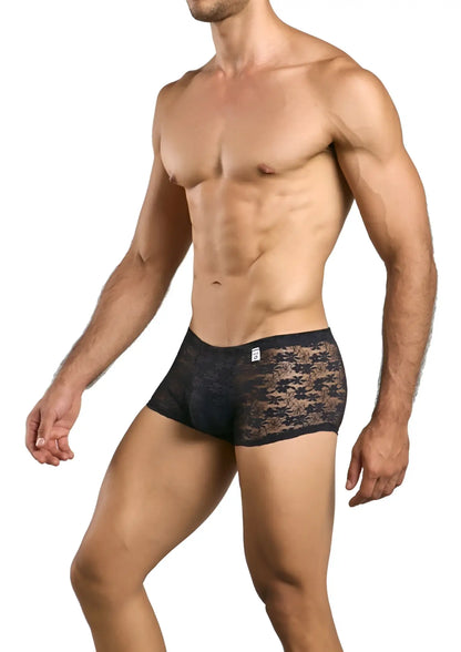 Malebasics mbl84 classic pouch trunks in black lace featuring a subtle pattern on lace boxer briefs