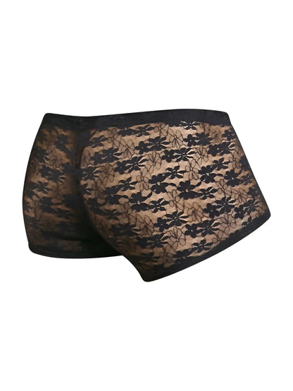 Malebasics mbl84 classic pouch trunks in black lace featuring sheer patterned fabric and solid waistband