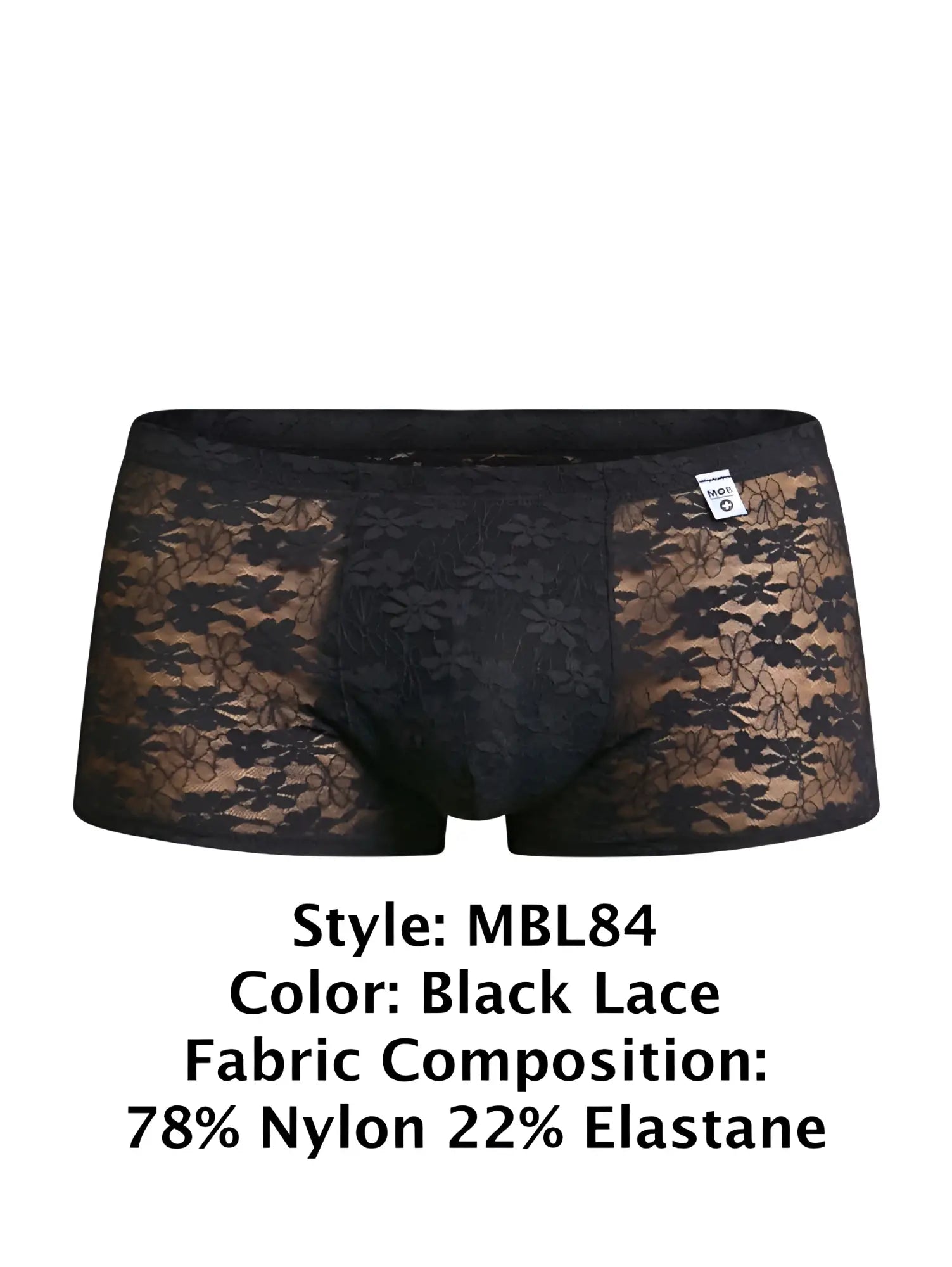 Malebasics mbl84 classic pouch trunks in black lace with floral pattern made of 78 nylon 22 elastane men’s briefs
