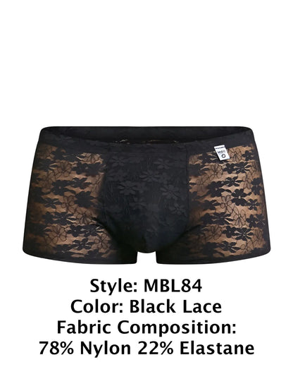 Malebasics mbl84 classic pouch trunks in black lace with floral pattern made of 78 nylon 22 elastane men’s briefs