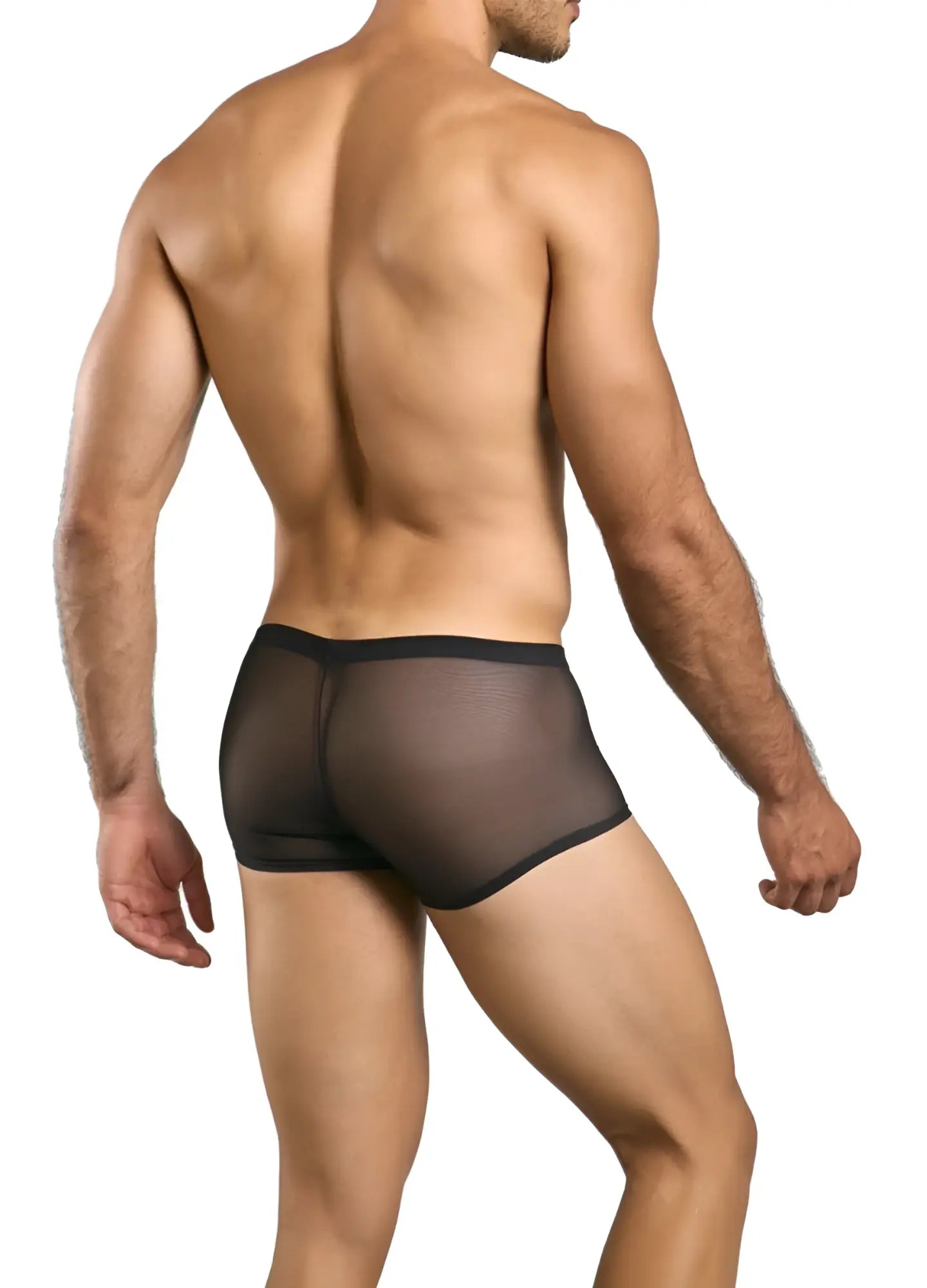 MaleBasics MBL84 classic pouch trunks in black sheer mesh with a solid black waistband for breathable comfort