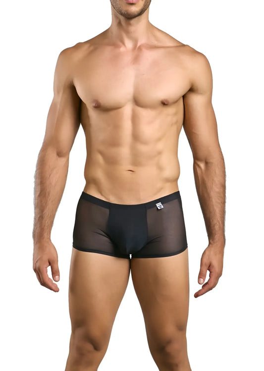 Black sheer mesh male basics mbl84 classic pouch trunks with solid waistband and white logo on front