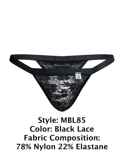 Black lace thong with delicate floral pattern and elastic waistband from malebasics mbl85 y sexy thongs collection