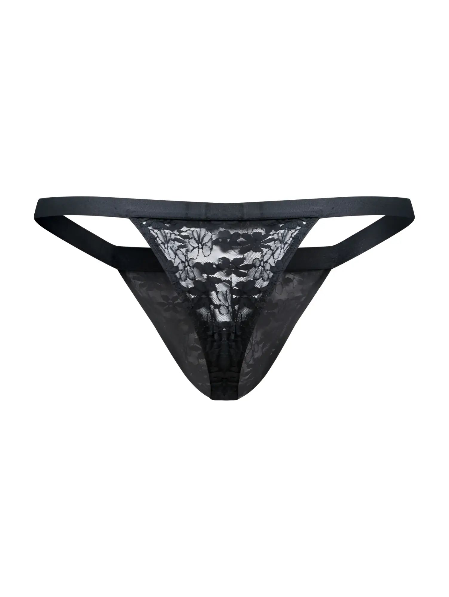 Malebasics mbl85 y sexy thongs black lace thong with floral pattern and satin-like waistband front view