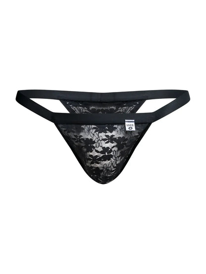 Malebasics mbl85 y sexy thong in black lace with floral pattern and elastic waistband for men