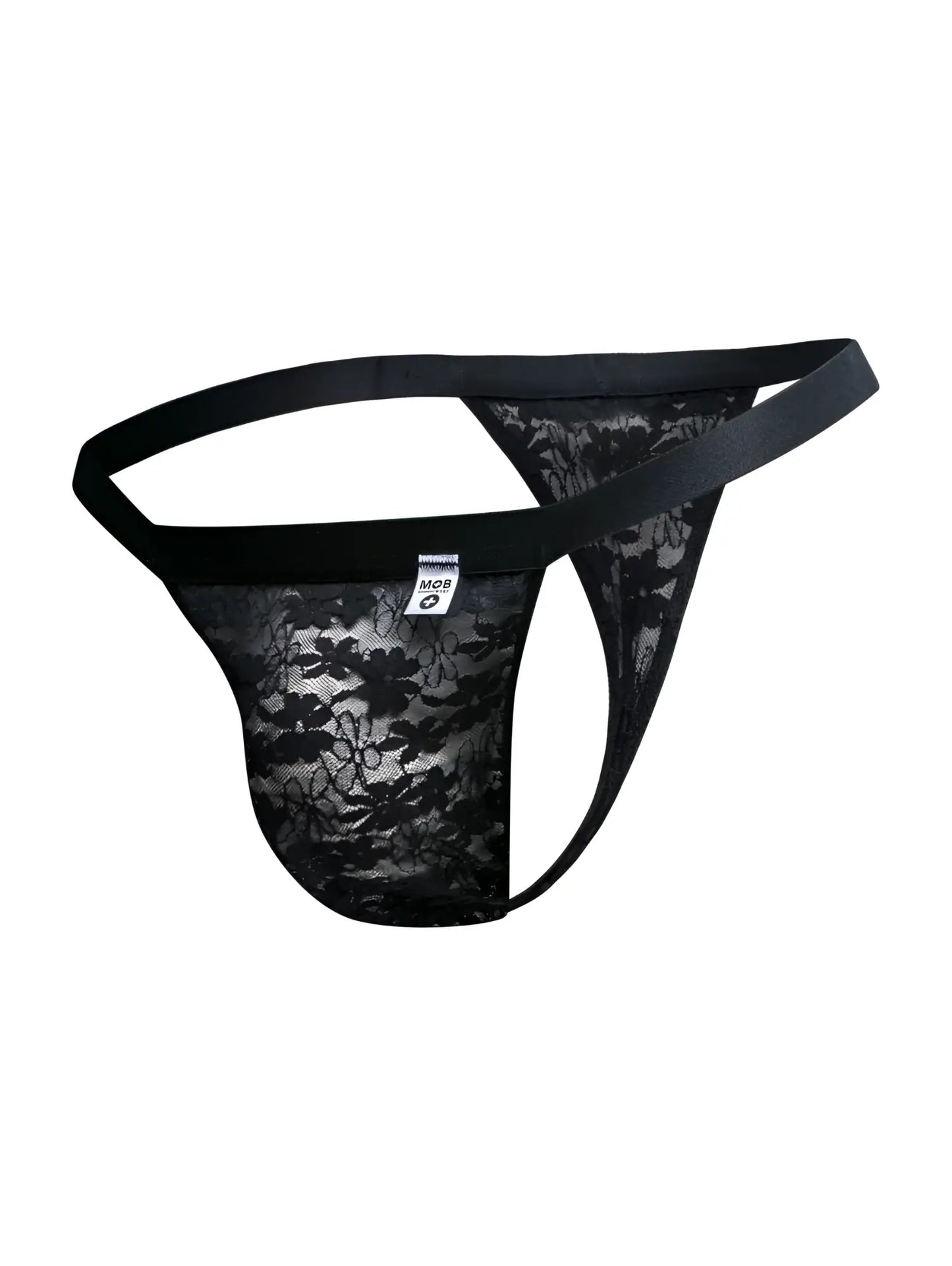 Malebasics mbl85 y sexy thong in black lace with solid black elastic waistband and side straps shown from the front